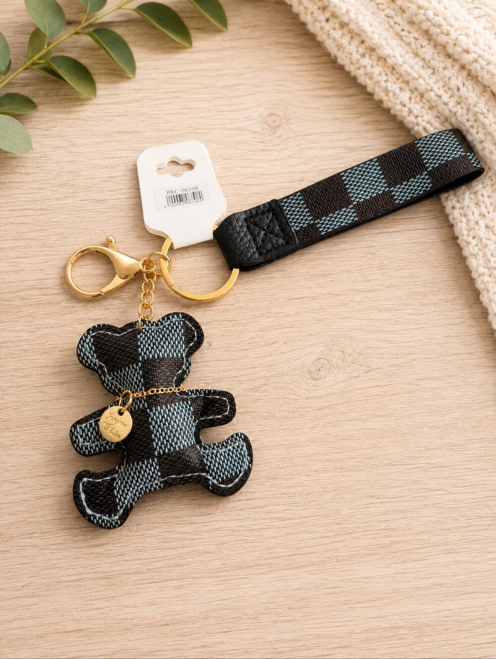 Blue and Black Check Teddy Keychain Wristlet